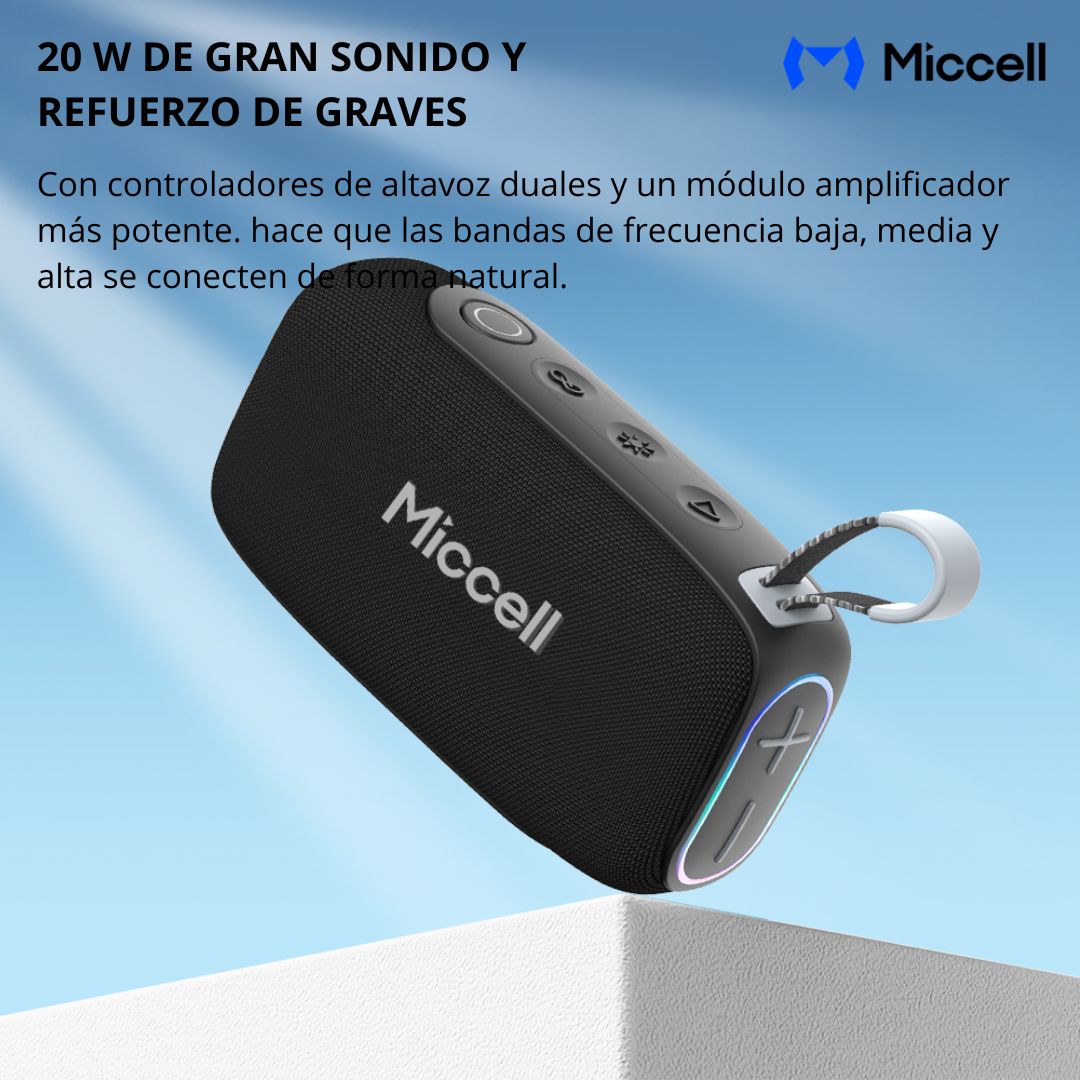 Parlante Bluetooth 20W Bass Boost IPX7 Luces RGB Batería 3000mAh Miccell VQ-SP55