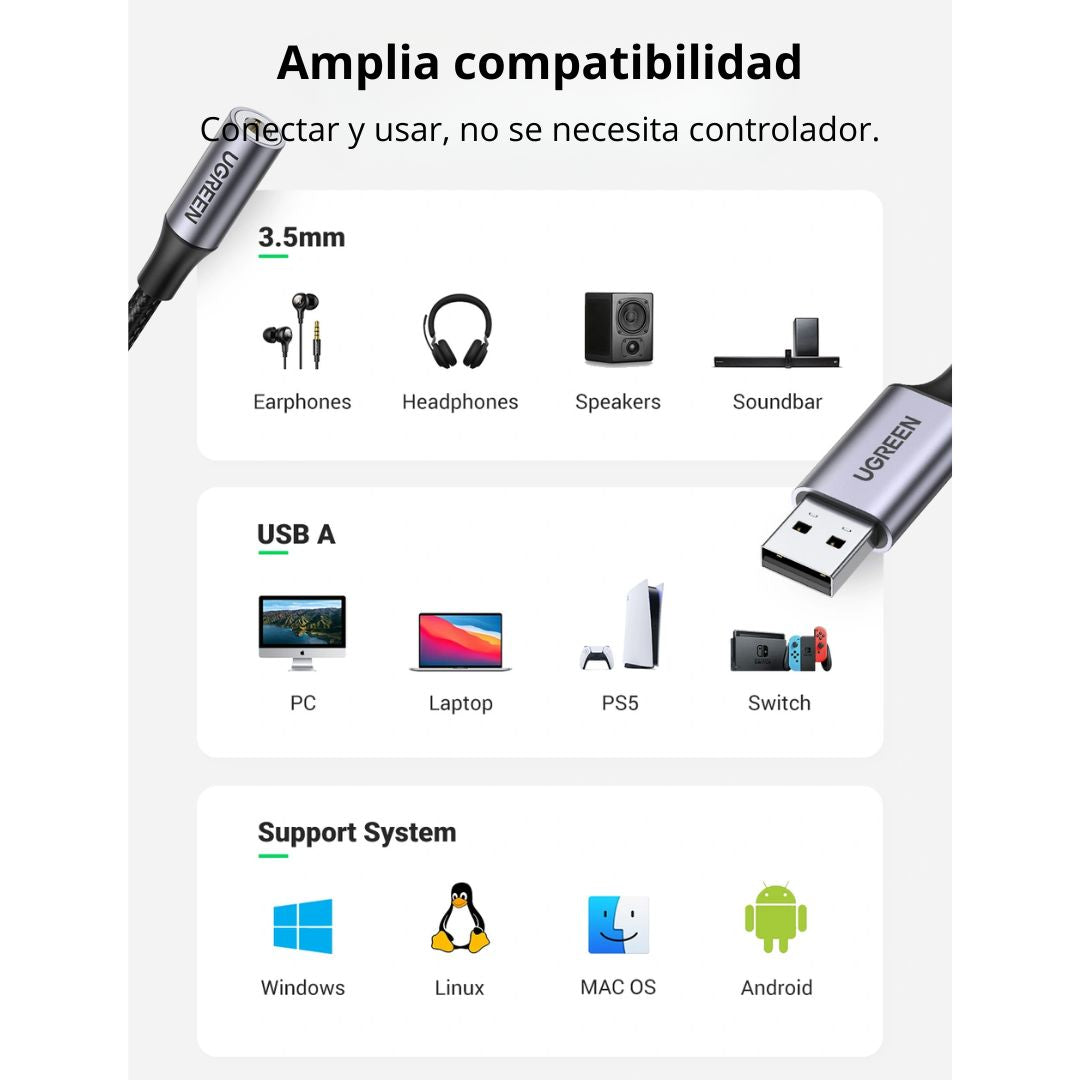 Adaptador de Audio USB UGREEN CM477 a Jack 3.5mm para Audífonos y Micrófono