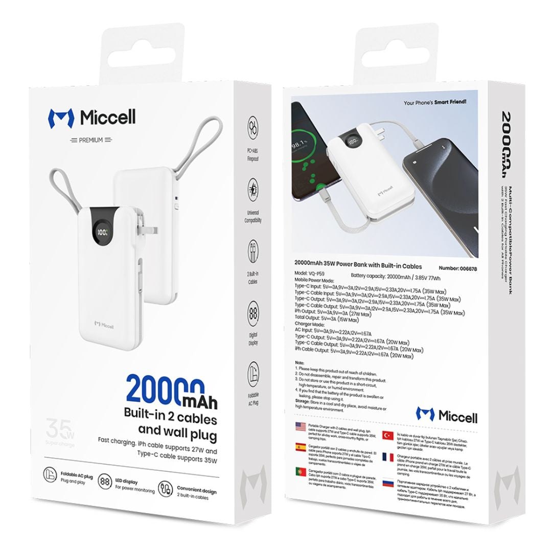 Power Bank 20000mAh 35W Carga Rápida con Cables Integrados USB-C Lightning Miccell VQ-P59