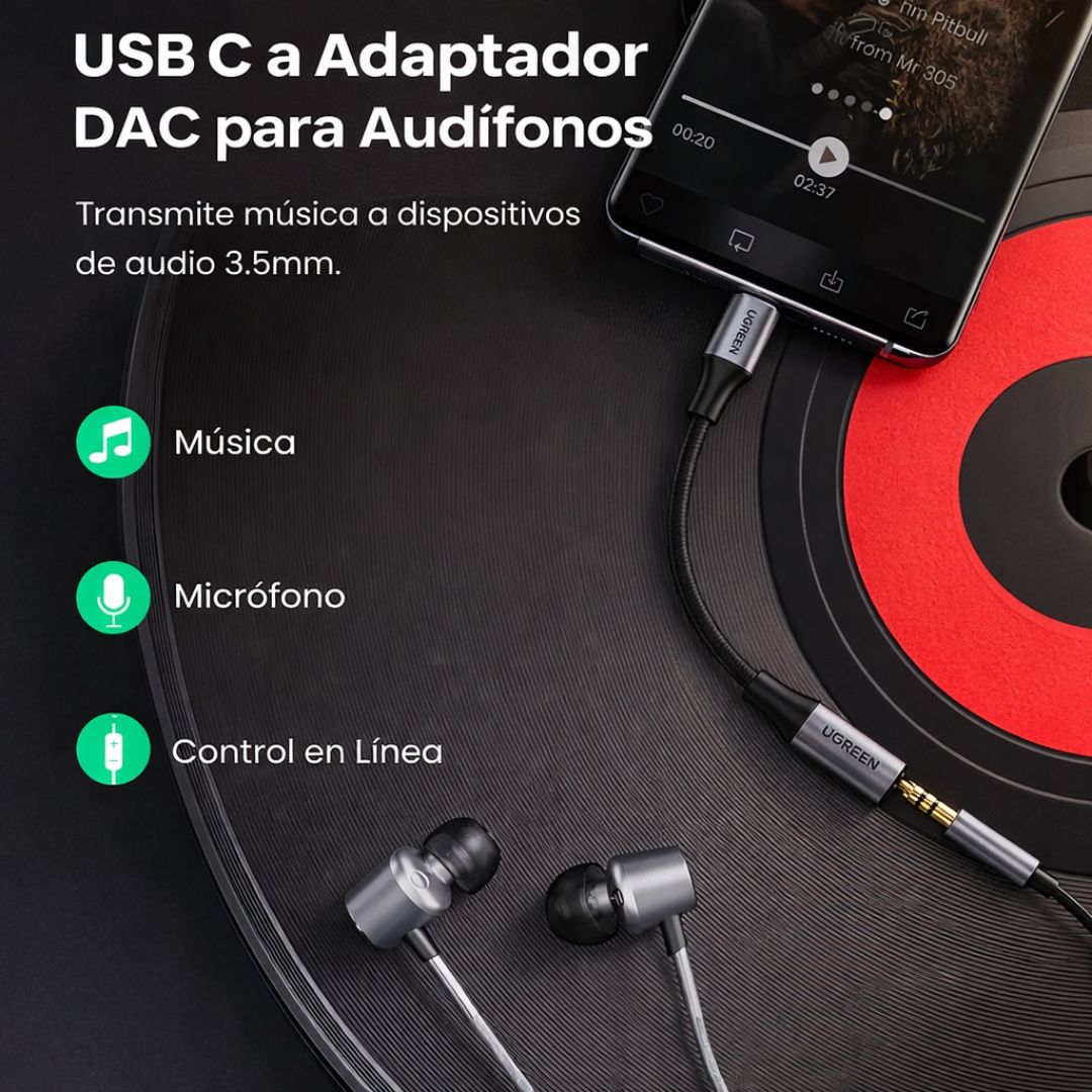Adaptador USB-C a Jack 3.5mm UGREEN Cable Audio Tipo C a Auxiliar AV142