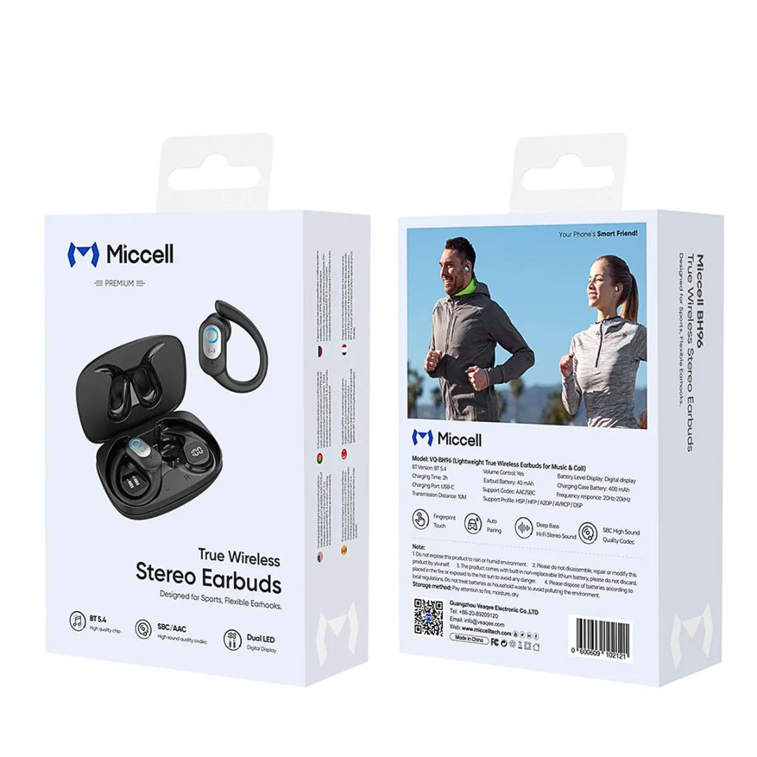 Audífonos Bluetooth Inalámbricos Deportivos con Gancho TWS Pantalla LED Miccell VQ-BH96