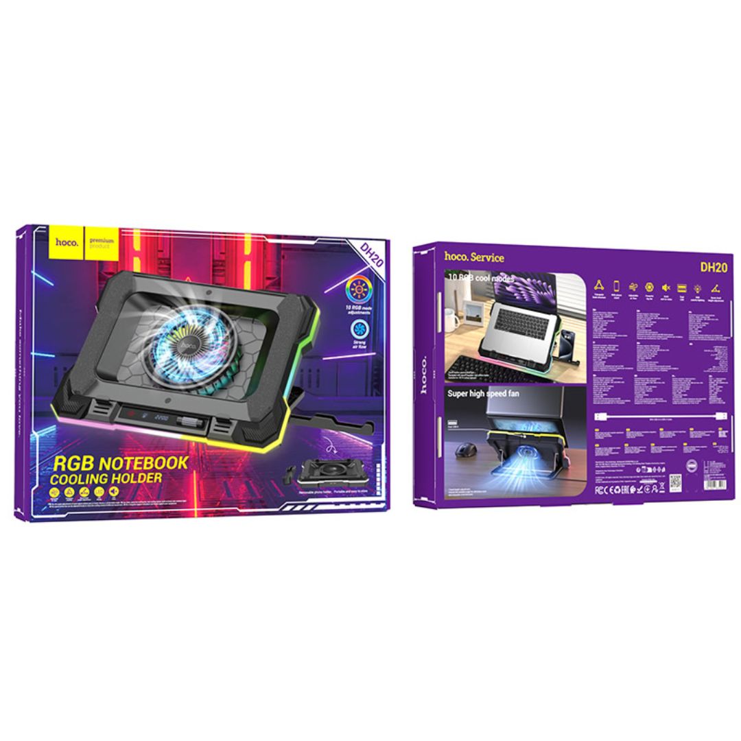 Cooler para Laptop Hoco DH20 RGB Ajustable con Ventilador Grande para Portátiles de 14 a 19 Pulgadas