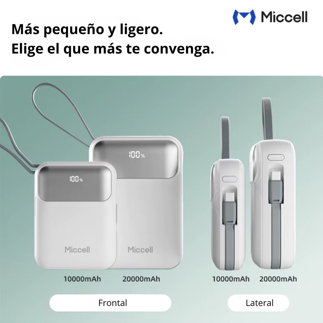 Power Bank 10000mAh 35W Carga Rápida con Cables Integrados USB-C Lightning Miccell VQ-P51