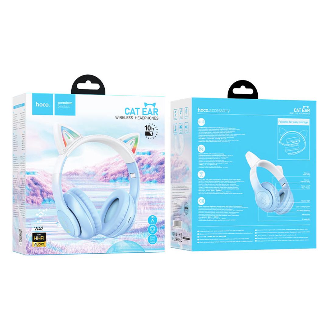 Audífonos Bluetooth Hoco W42 Cat Ears con Luces RGB TF AUX y Micrófono