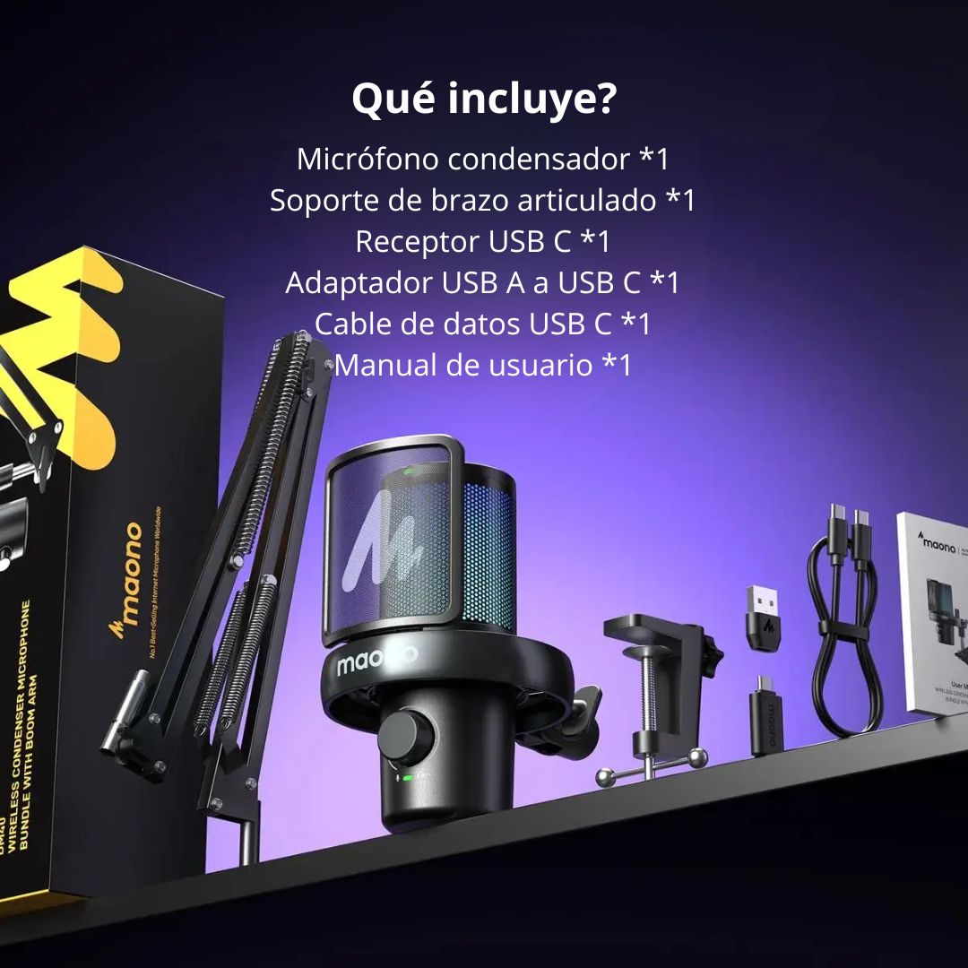 Micrófono Gamer Inalámbrico Maono DM40 Pro RGB USB-C con Brazo y Reducción de Ruido