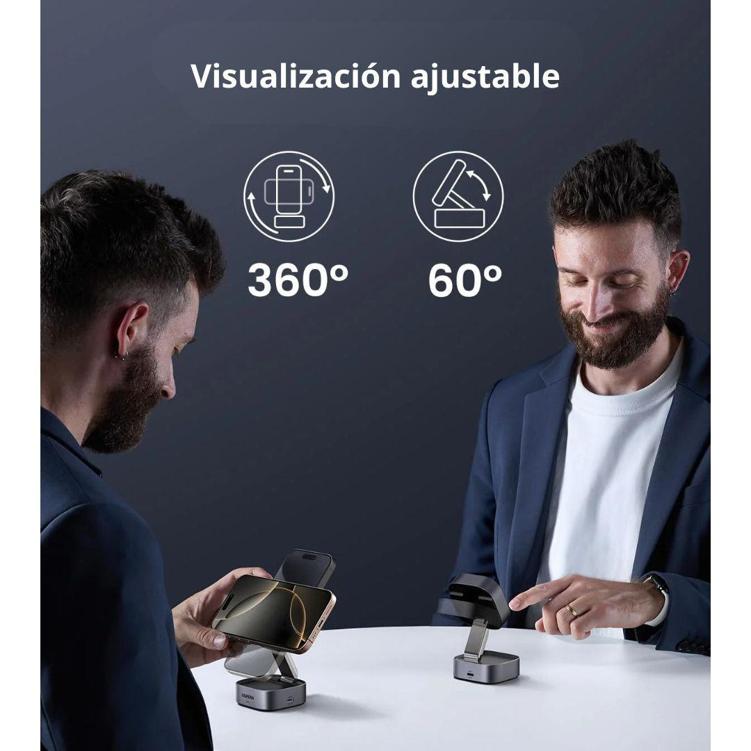 Cargador Inalámbrico Magnético UGREEN W702 Qi2 2 en 1 15W para iPhone AirPods