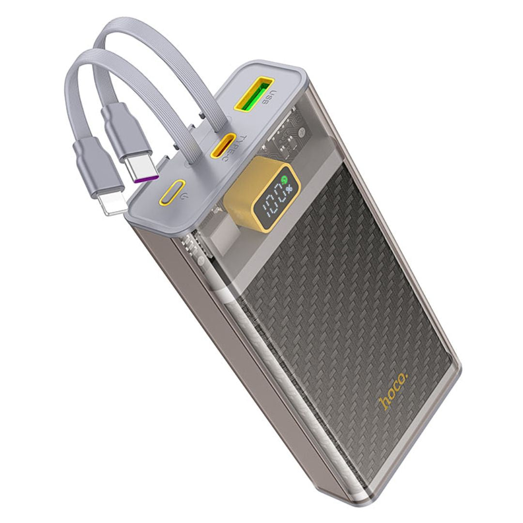 Power Bank 20000 mAh Hoco J104A con Carga Rápida 22.5W Pantalla LED Cables Integrados y USB-C