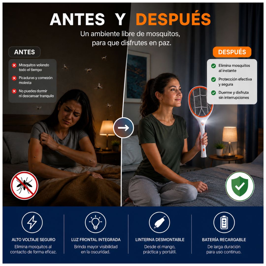 Raqueta Eléctrica Mata Mosquitos Cafini CN-P9212 Recargable con Linterna LED