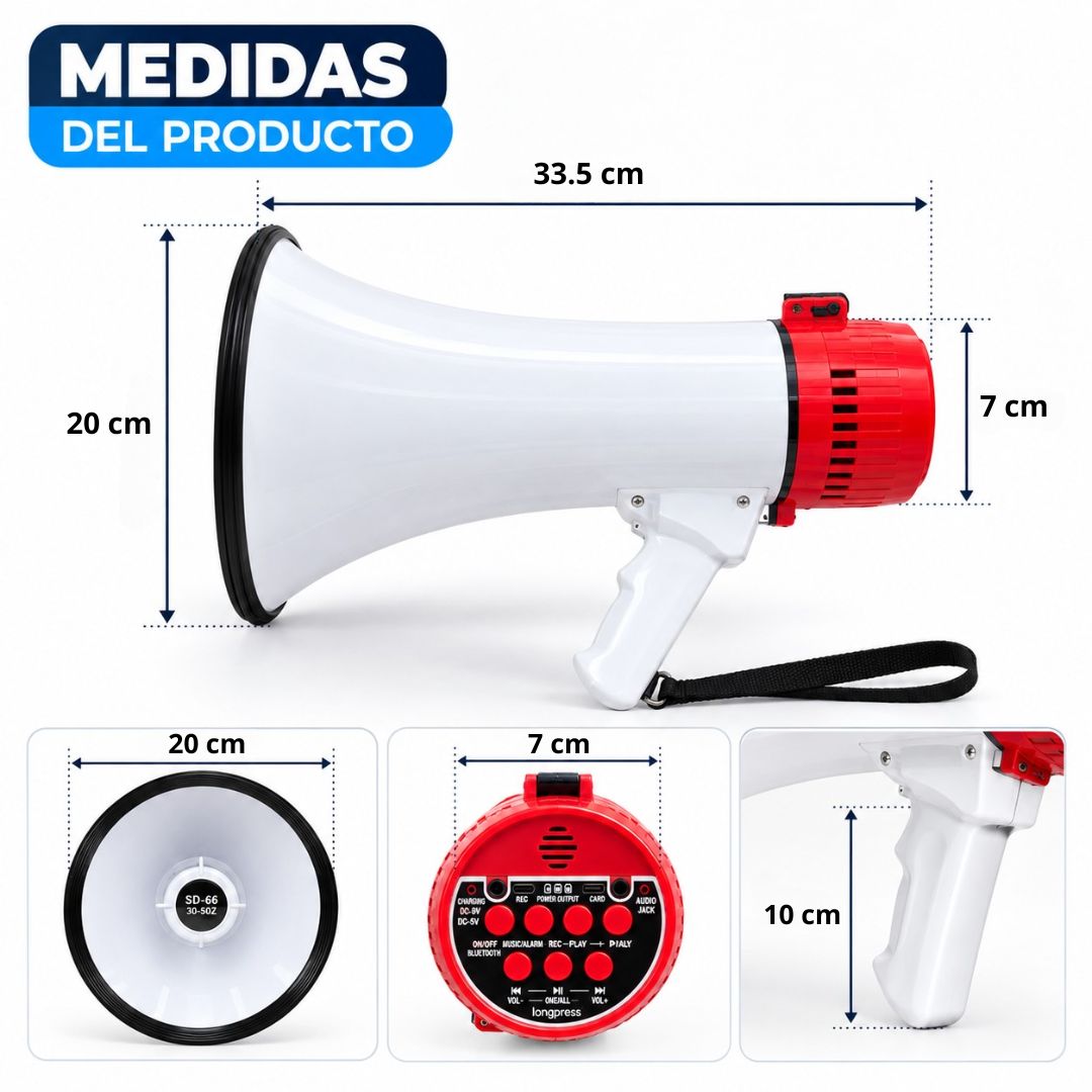 Megáfono CAFINI 60W Bluetooth Recargable con Grabación USB MicroSD