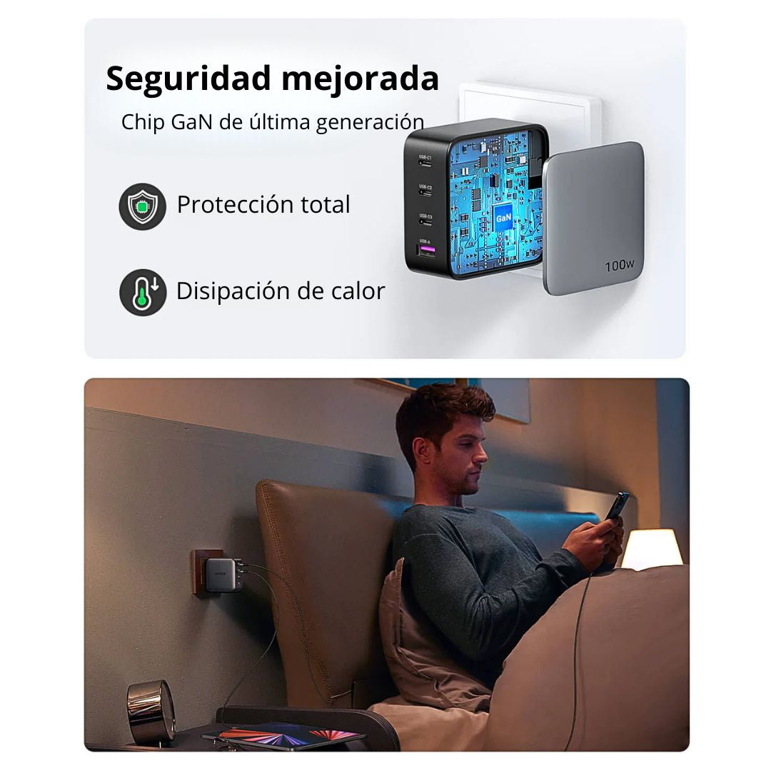 Cargador Rápido GaN UGREEN Nexode 100W de 4 Puertos con 3 USB-C y 1 USB-A para Laptop y Celular