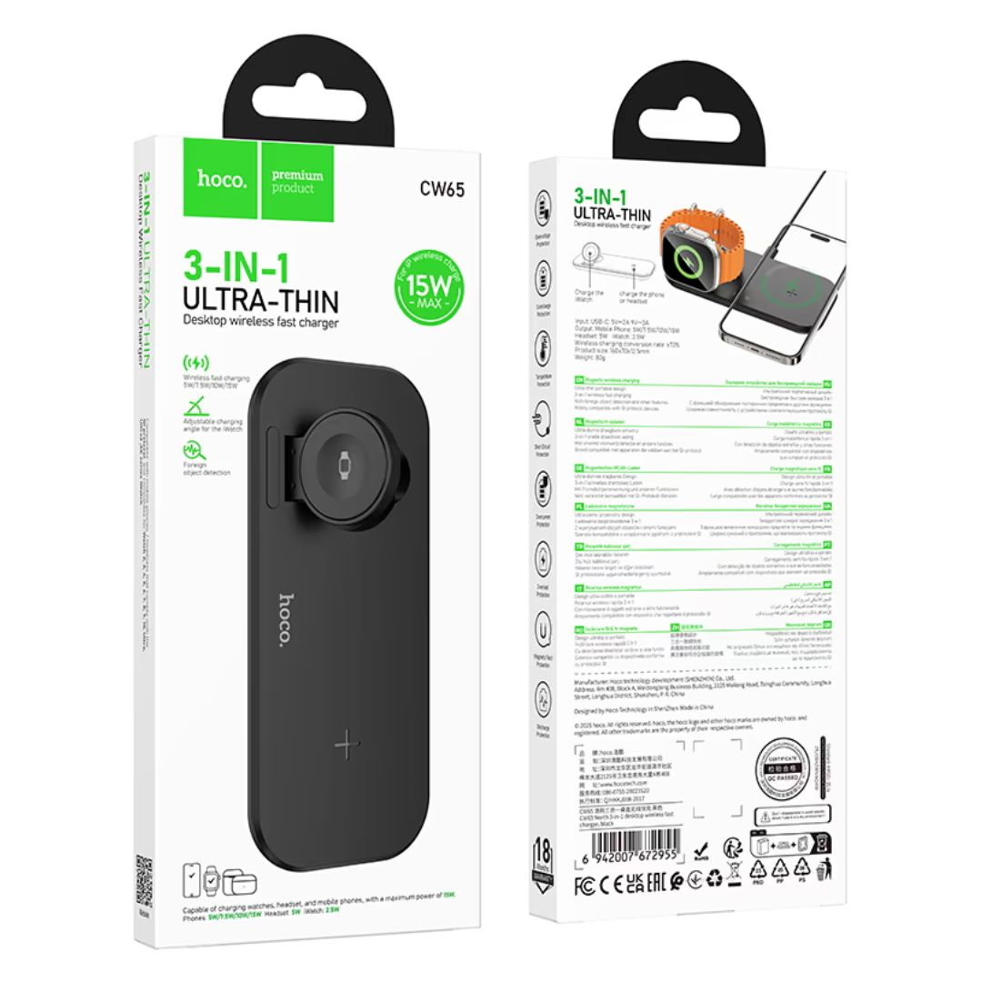 Cargador Inalámbrico Hoco CW65 3 en 1 15W para Celular Audífonos y Apple Watch