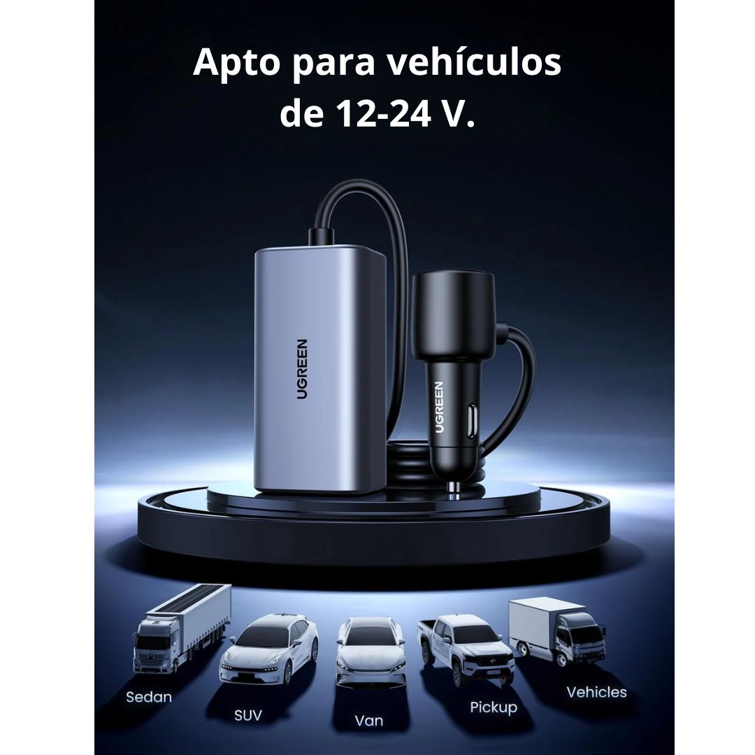 Cargador para Auto UGREEN EC706 150W GaN 4 Puertos PD USB-C USB-A con Extensión 1m