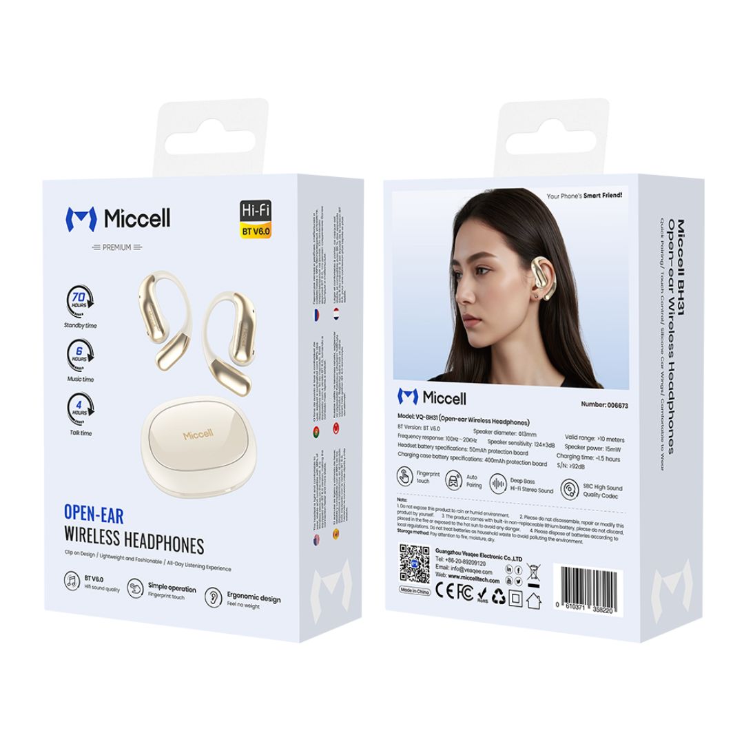 Audífonos Bluetooth Oído Abierto con Clip Inalámbricos Estuche de Carga Miccell VQ-BH31