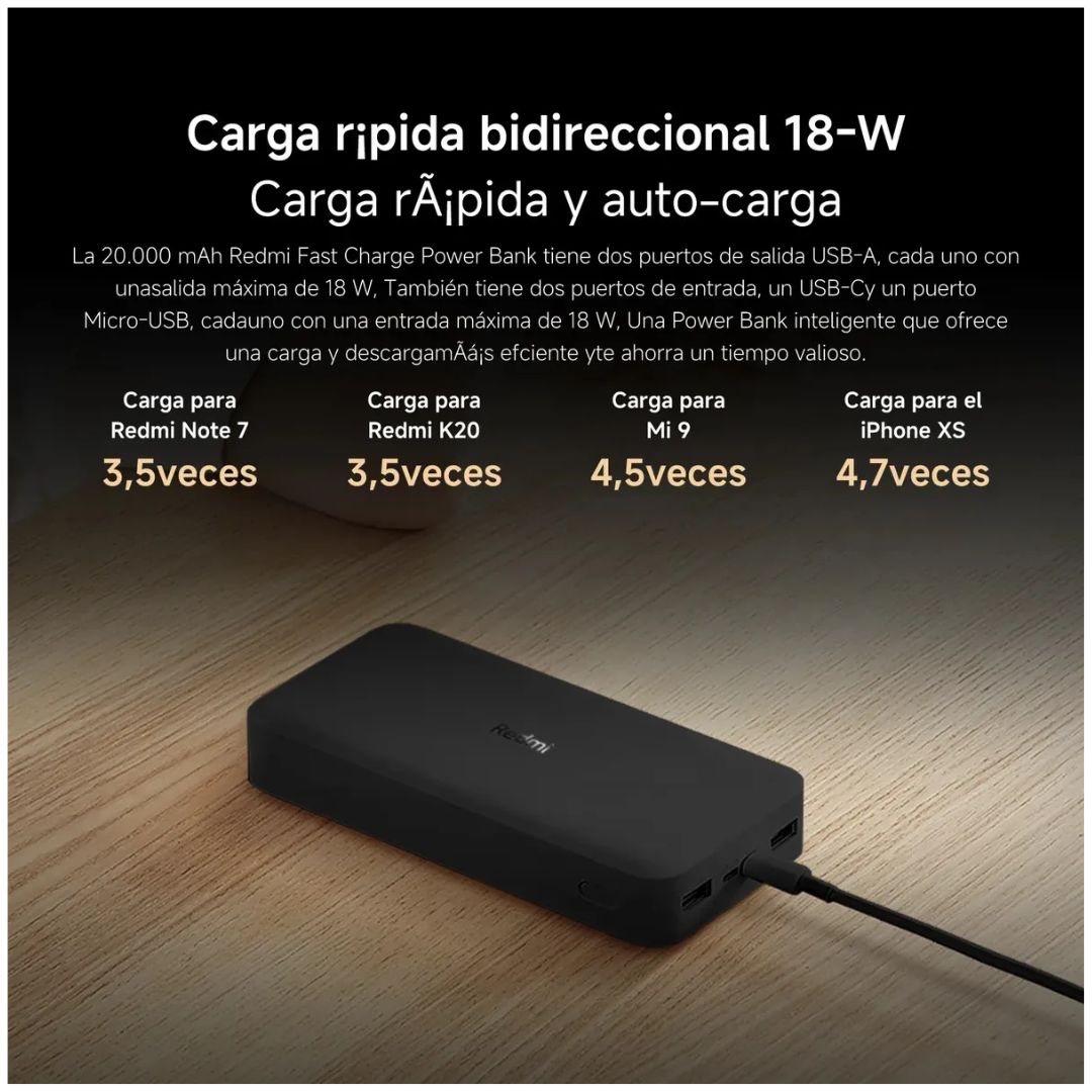 Power Bank Xiaomi Redmi 20000mAh 18W Carga Rápida 2 USB-A
