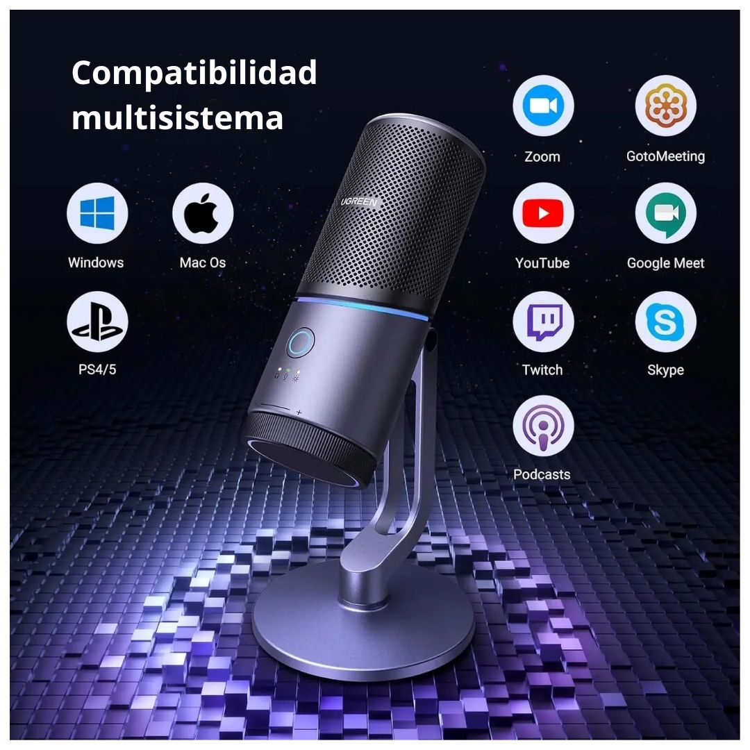 Micrófono Gamer USB UGREEN CM769 RGB Cardioide 24bit 96kHz para Streaming y Podcast