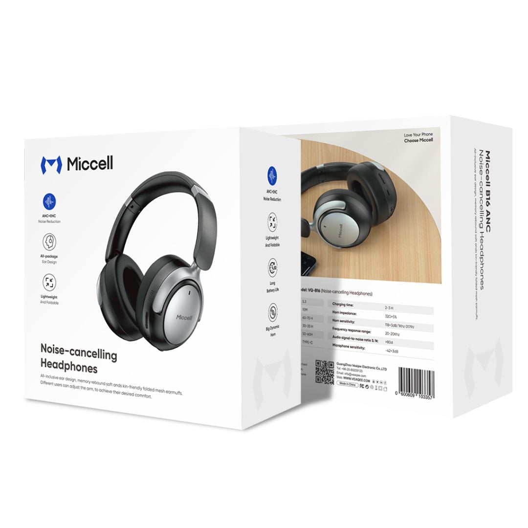 Audífonos Bluetooth ANC Cancelación de Ruido 60H Batería Bluetooth 5.3 Miccell VQ-B16