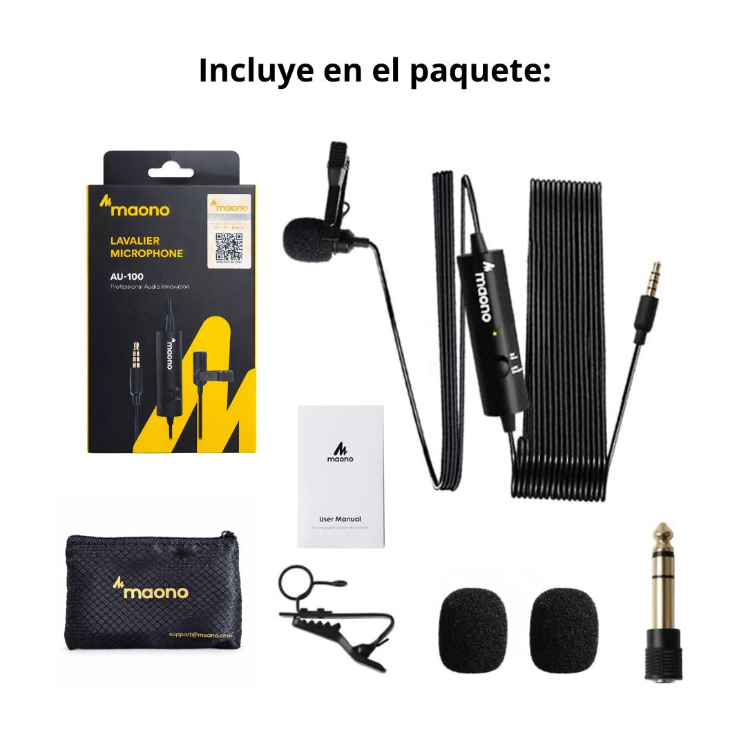 Micrófono Solapero Lavalier Maono AU-100 Alámbrico con Cable 6 Metros para Celular Cámara PC