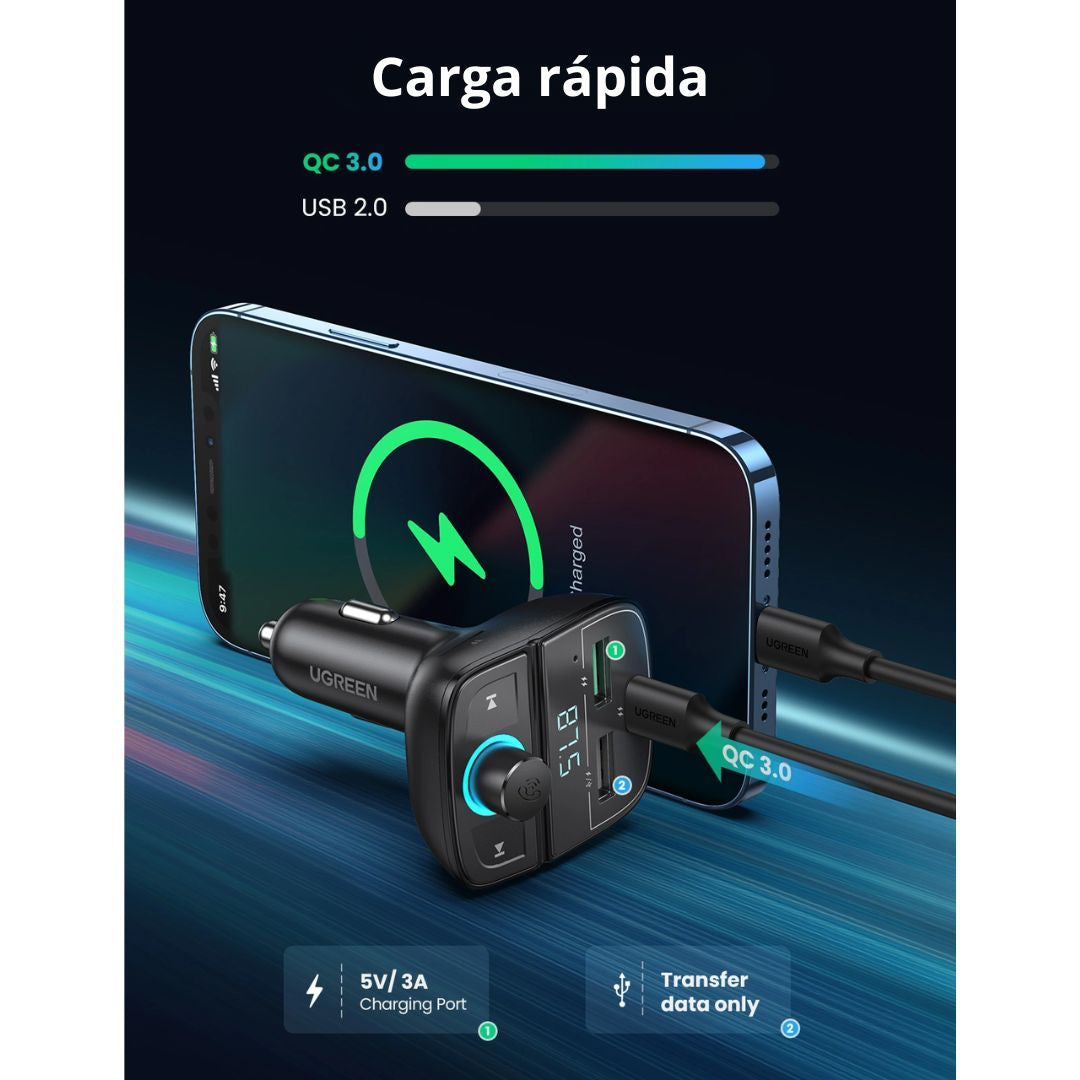 Transmisor FM Bluetooth UGREEN CD229 para Auto con Cargador PD QC 31.5W y Manos Libres