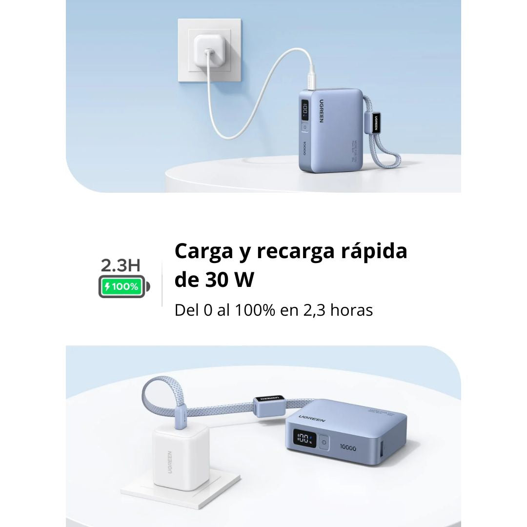 Power Bank 10000mAh UGREEN PB584 33W Carga Rápida con Cable USB-C Integrado