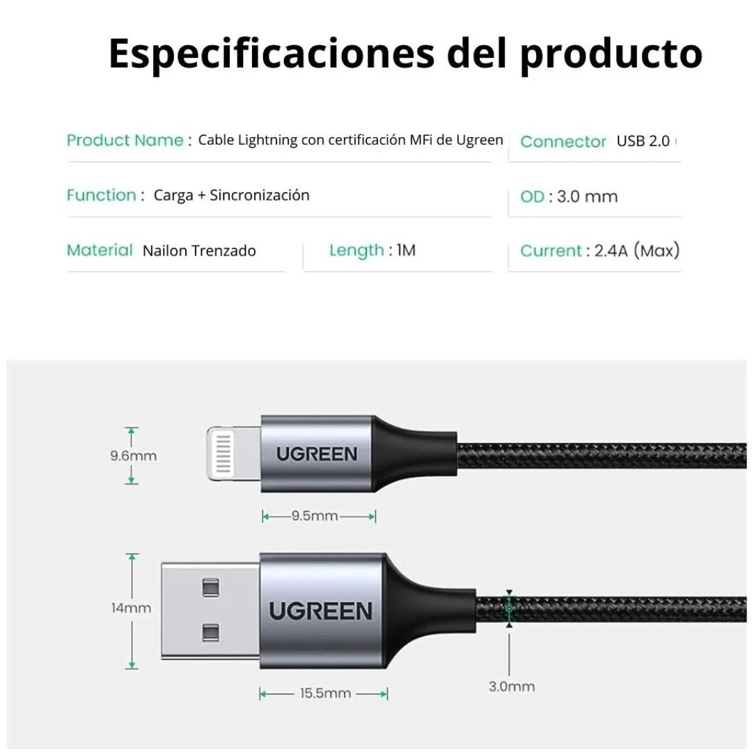 Cable USB-A a Lightning UGREEN 1 Metro 2.4A MFi Carga Rápida para iPhone US199