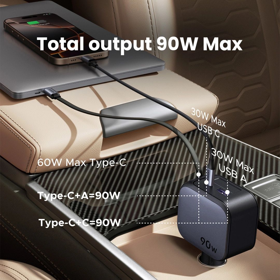 Cargador para Auto UGREEN EC603 90W con Cable Retráctil USB-C PD 3.0 y USB-A
