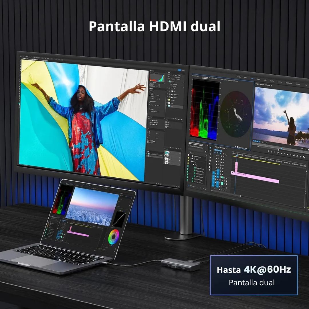 Hub USB-C UGREEN 6 en 1 Dual HDMI 8K 30Hz 4K 60Hz 100W para Laptop CM498