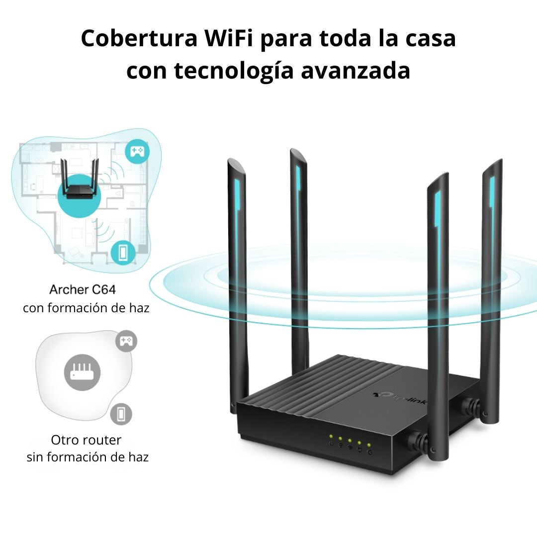 Router WiFi TP-Link Archer C64 AC1200 Doble Banda Gigabit MU-MIMO con 4 Antenas