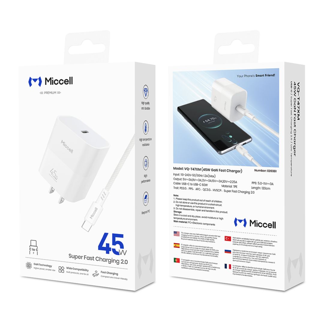 Cargador Rápido GaN Miccell 45W USB-C PD PPS Compatible con Samsung Super Fast Charging 2.0