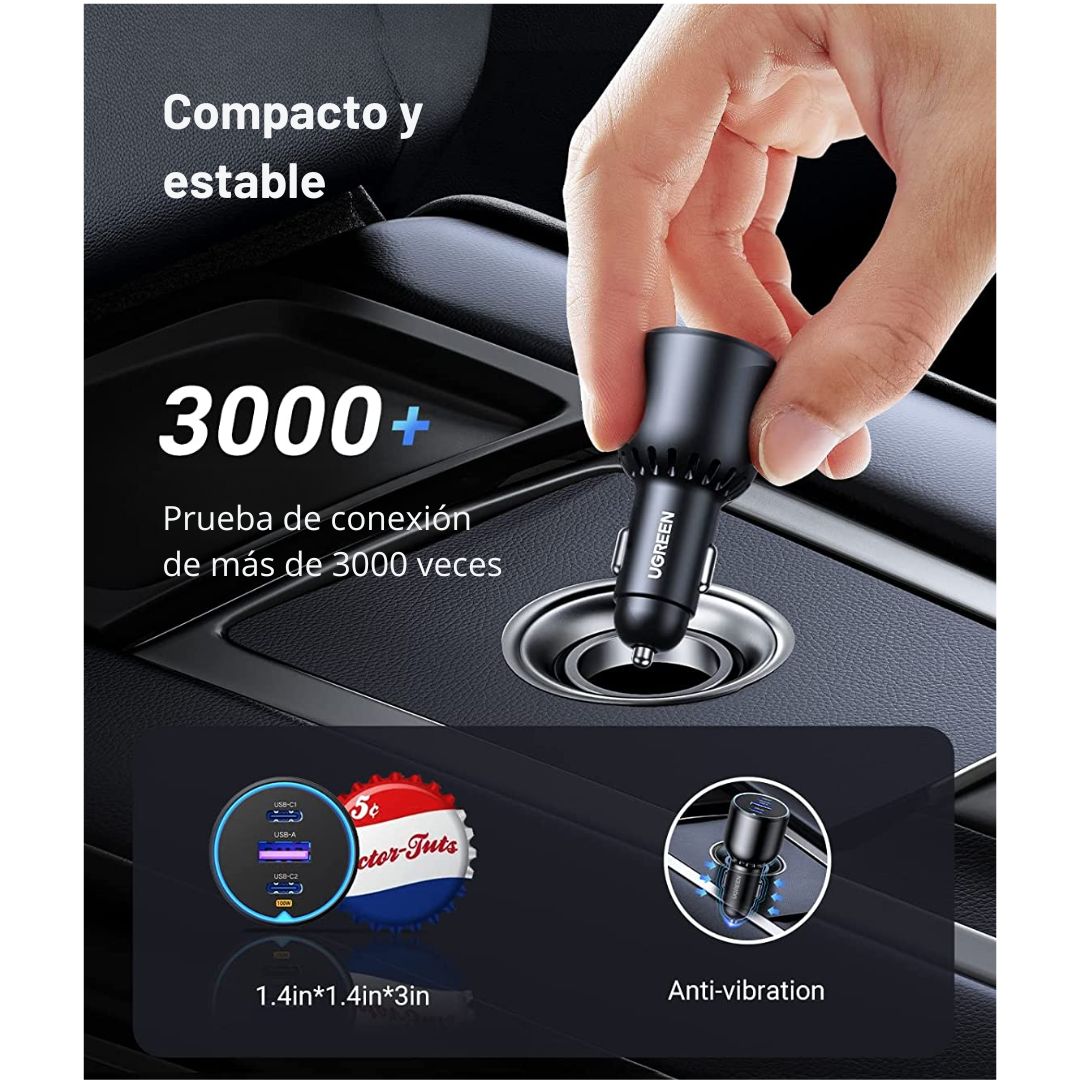 Cargador para Auto UGREEN EC705 130W 3 Puertos PD con Cable USB-C 100W