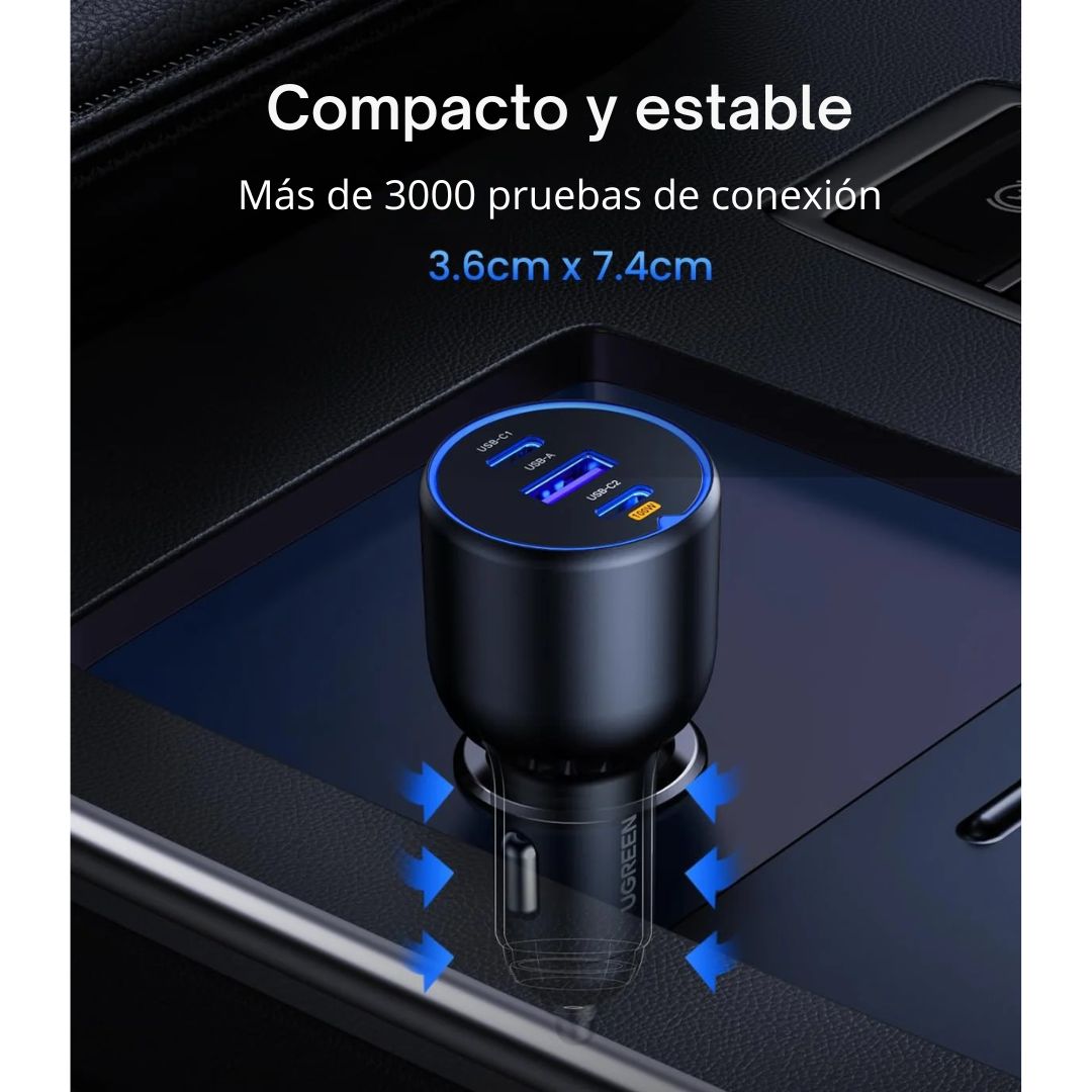Cargador para Auto UGREEN 130W USB-C PD 3 Puertos Carga Rápida