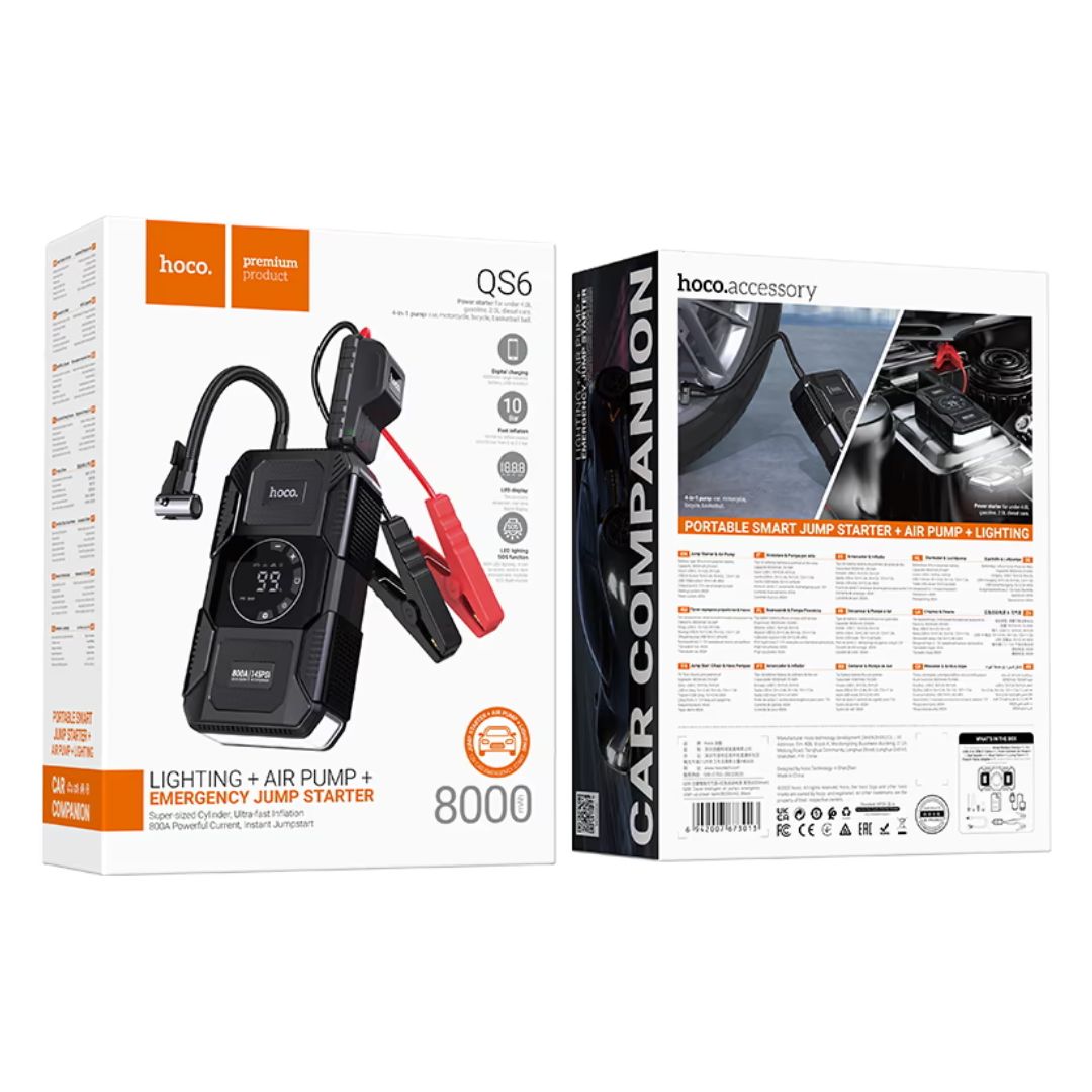 Arrancador de Batería Hoco QS6 800A con Inflador de Llantas 145 PSI y Power Bank 8000mAh