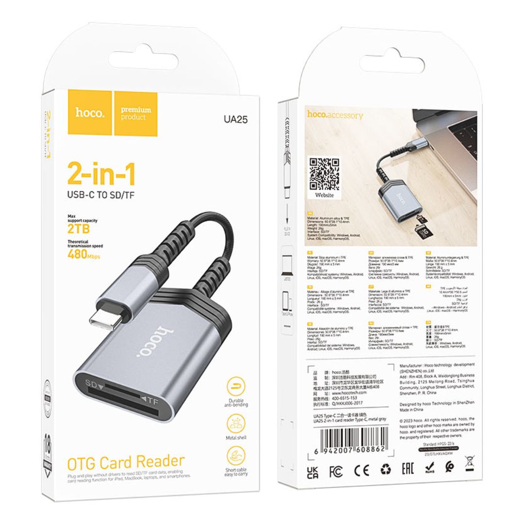 Lector de Tarjetas USB Tipo C a SD y Micro SD Hoco UA25 OTG 480 Mbps hasta 2TB