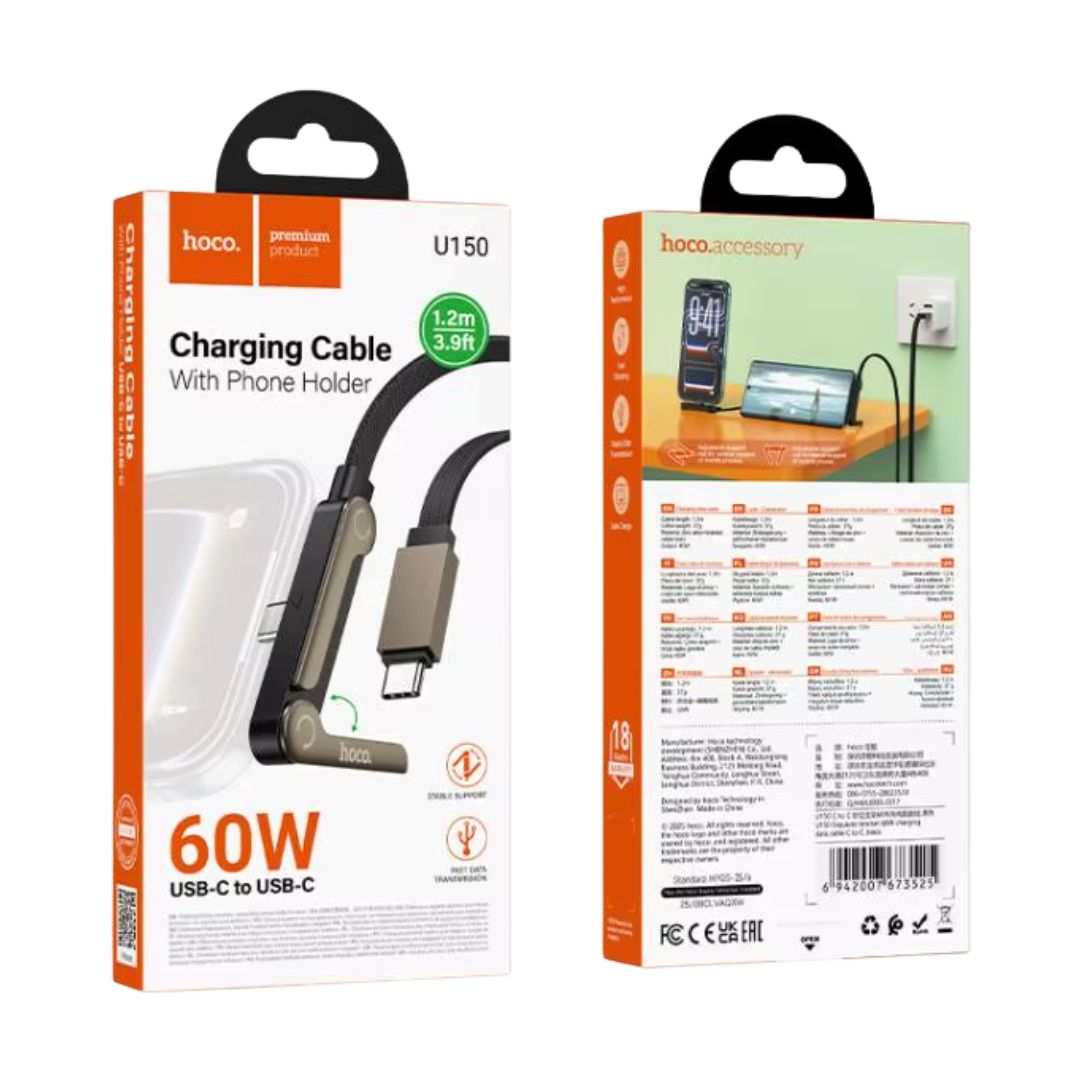 Cable Tipo C a Tipo C Hoco U150 60W con Carga Rápida y Soporte para Celular