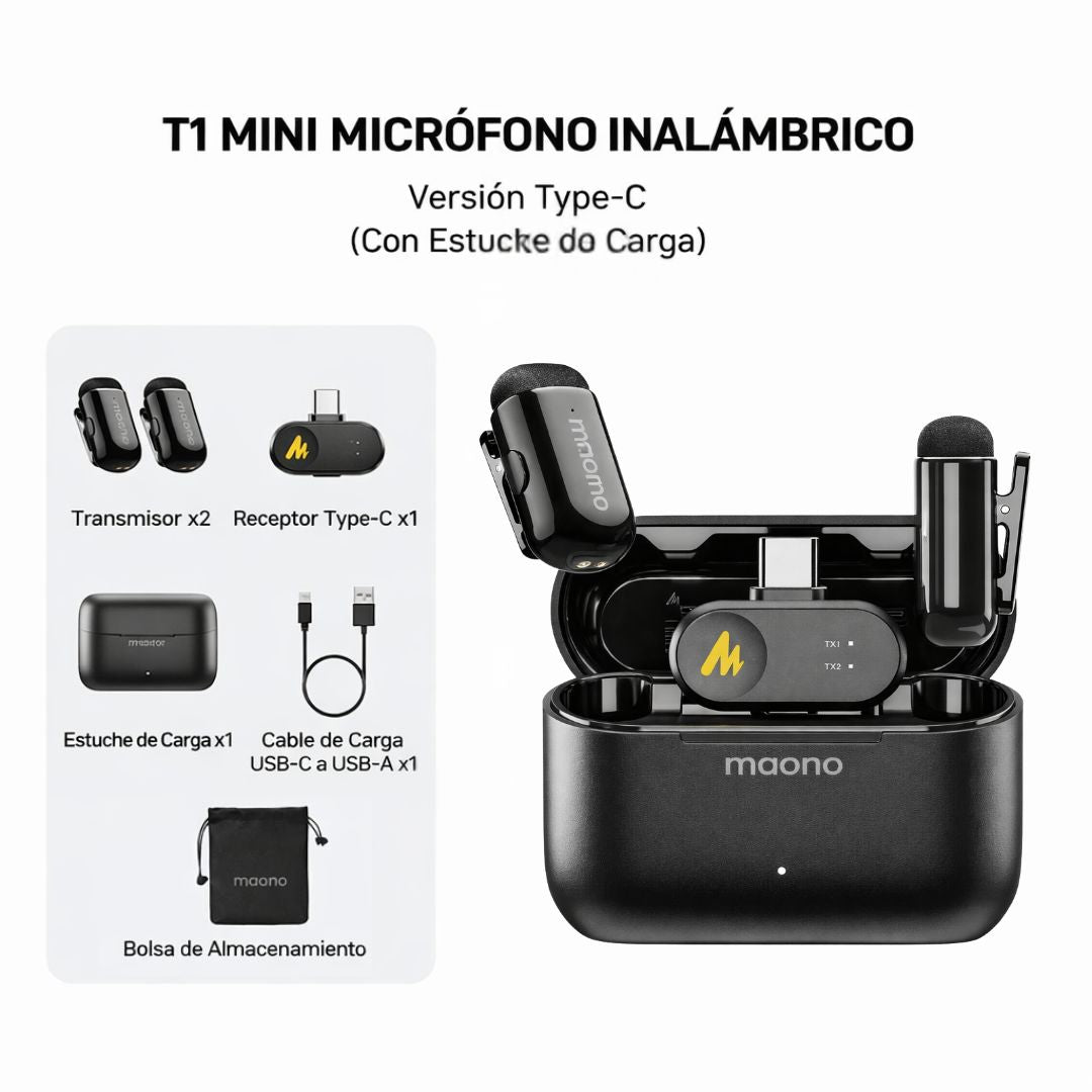 Micrófono Inalámbrico Solapero Lavalier Maono Wave T1 Mini 2TX 100m 30h WM622