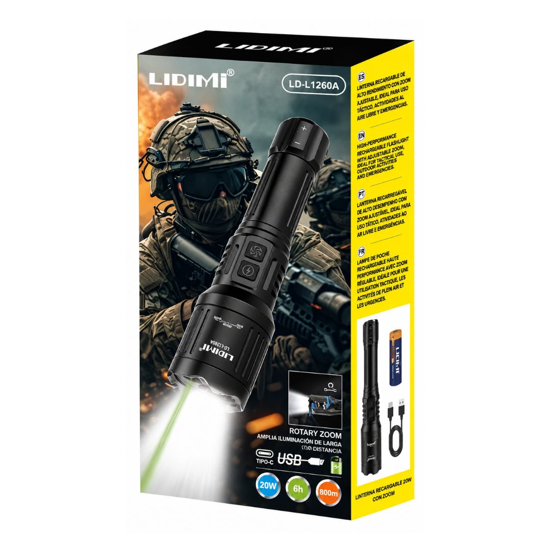 Linterna LED LIDIMI LD-L1550A 20W Zoom Láser Verde USB-C