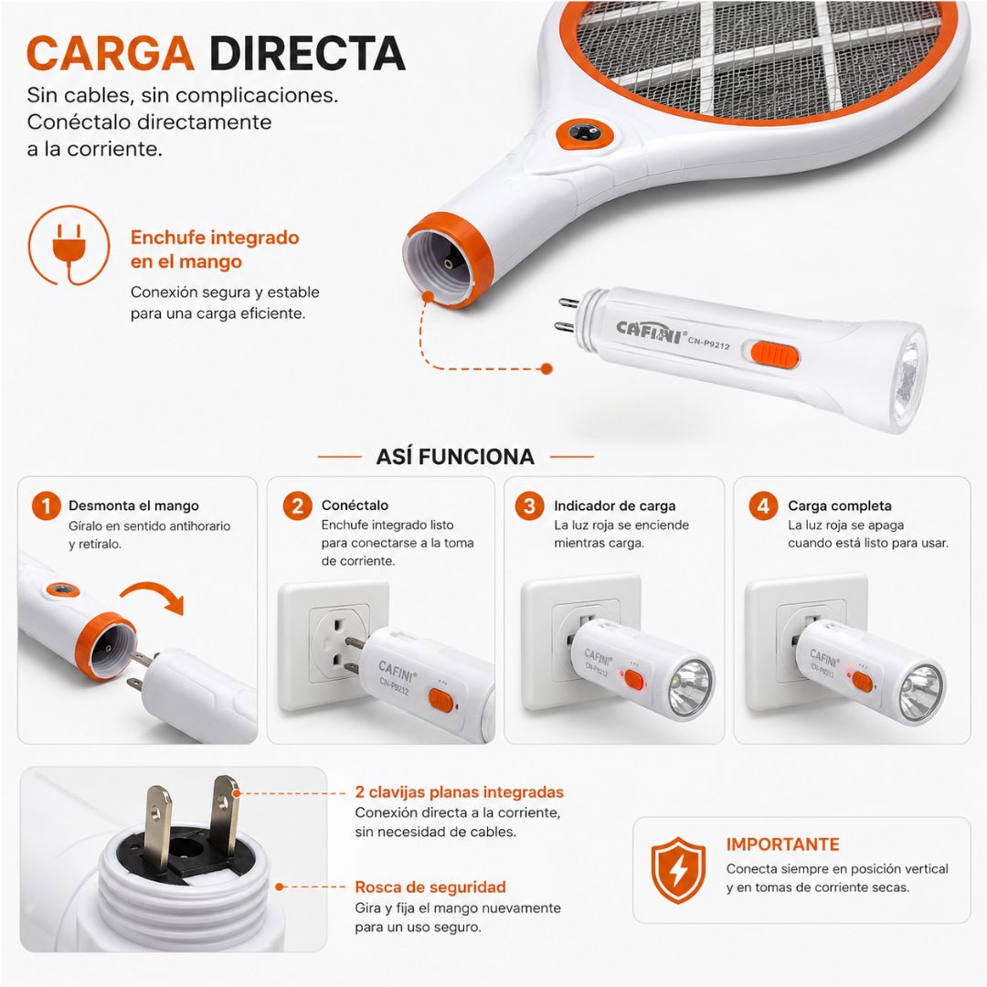 Raqueta Eléctrica Mata Mosquitos Cafini CN-P9212 Recargable con Linterna LED