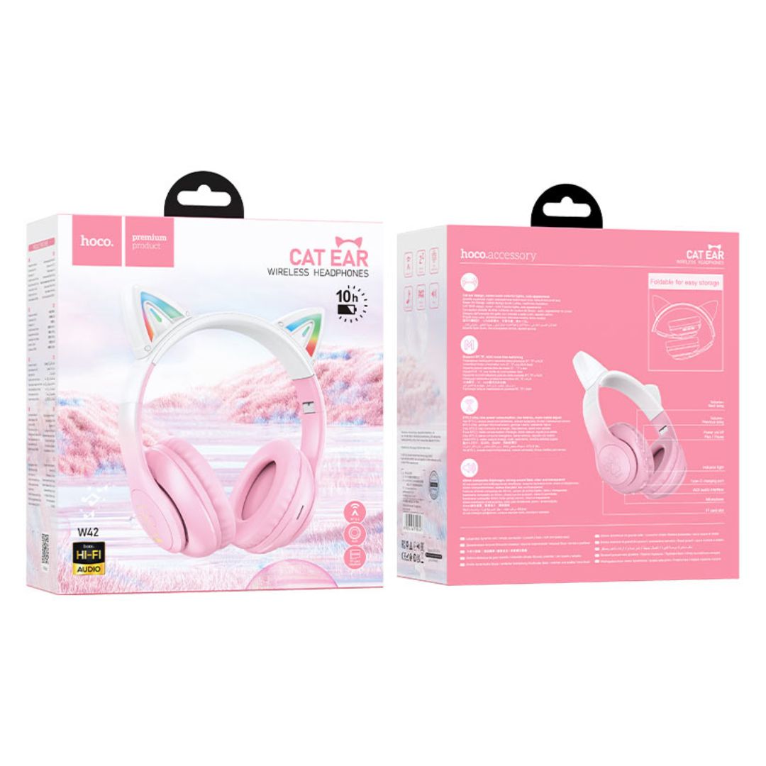 Audífonos Bluetooth Hoco W42 Cat Ears con Luces RGB TF AUX y Micrófono