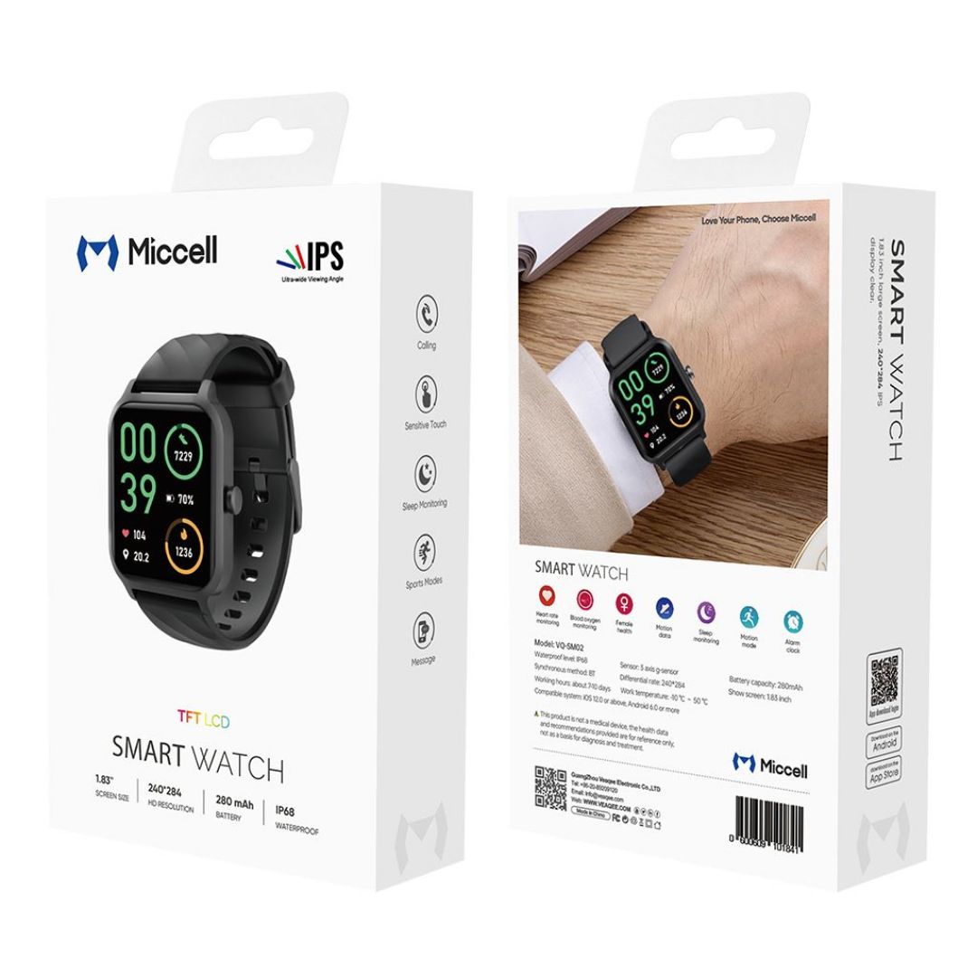 Smartwatch Pantalla 1.83" HD Llamadas Bluetooth Monitoreo de Salud IP68 Miccell VQ-SM02