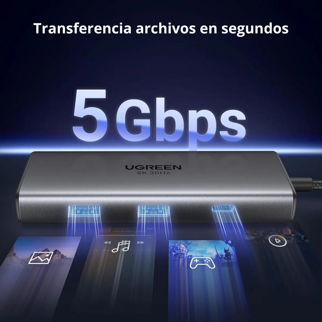 Hub USB-C UGREEN 6 en 1 Dual HDMI 8K 30Hz 4K 60Hz 100W para Laptop CM498