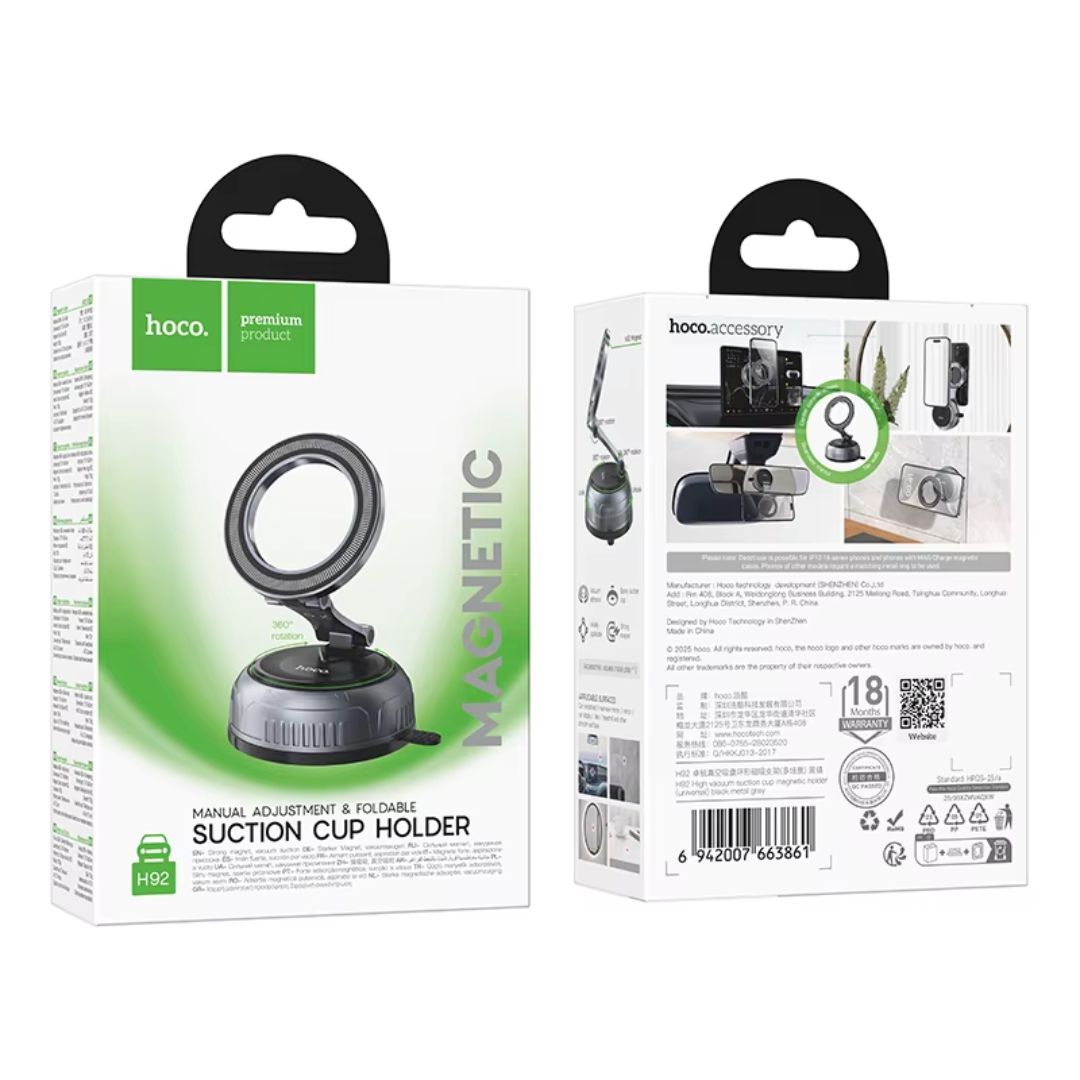 Soporte Magnético para Celular Hoco H92 con Ventosa de Succión y Rotación 360° para Auto
