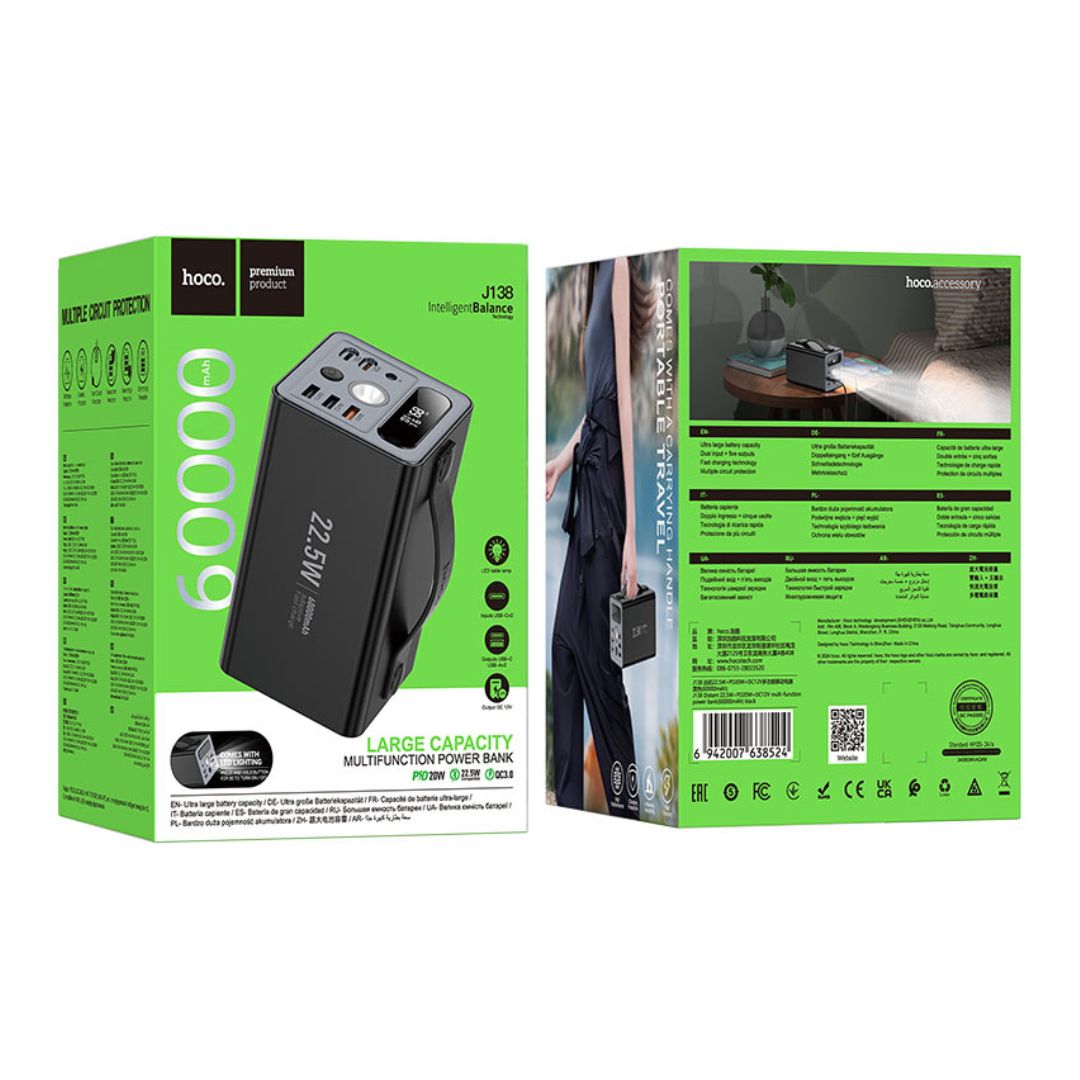 Power Bank Hoco J138 60000mAh 22.5W PD20W con Salida DC 12V y Luz LED