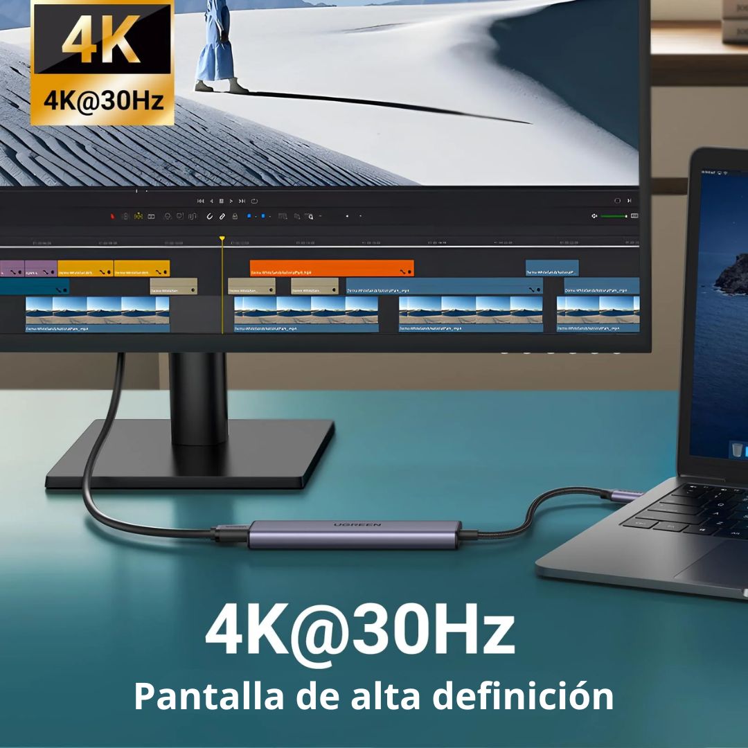 Hub USB-C 5 en 1 UGREEN CM478 HDMI 4K 30Hz USB 3.0 PD 100W para Laptop