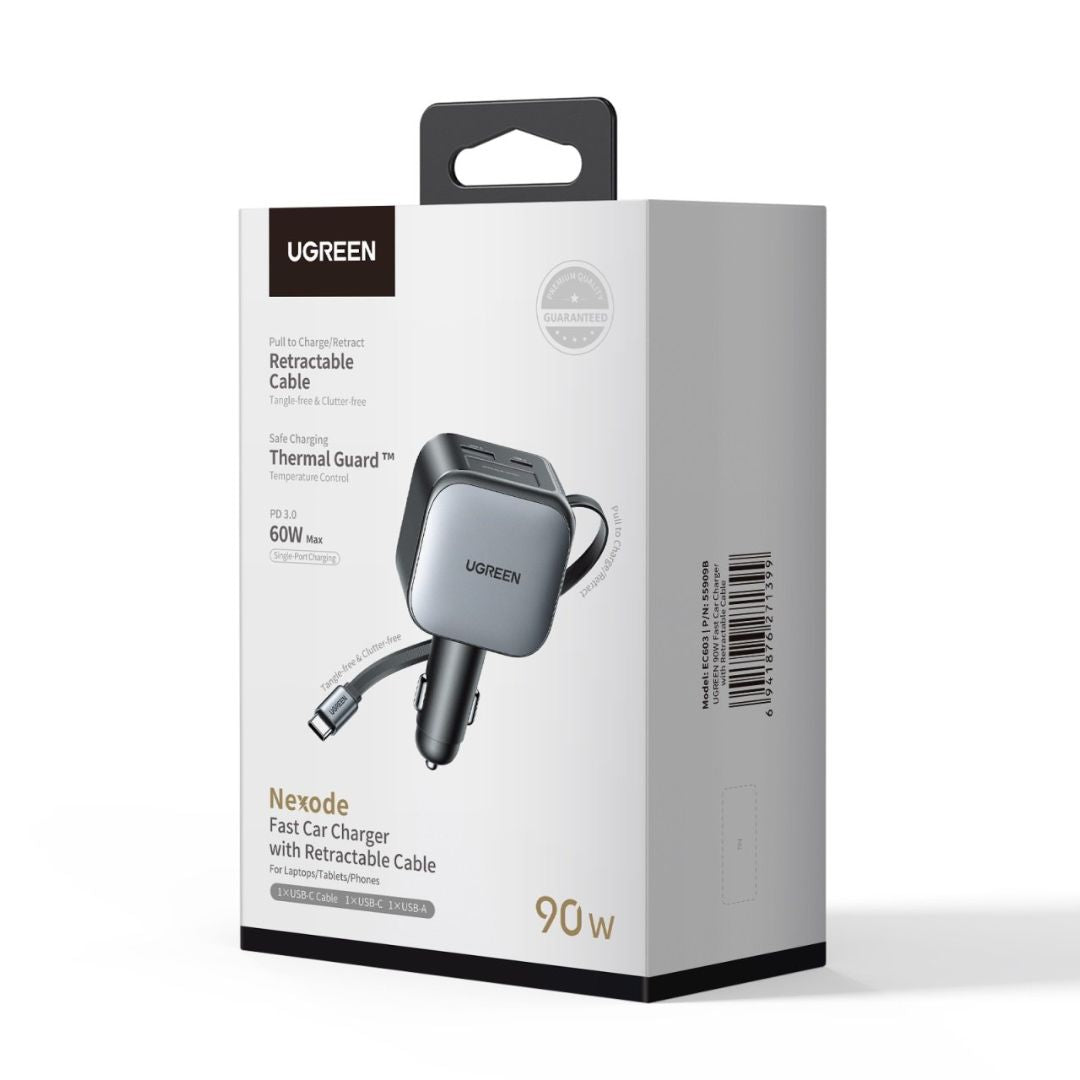 Cargador para Auto UGREEN EC603 90W con Cable Retráctil USB-C PD 3.0 y USB-A