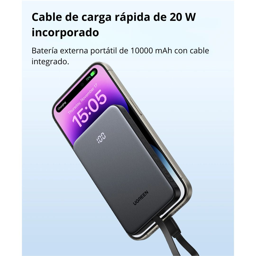 Power Bank 10000mAh UGREEN PB526 22.5W Carga Rápida con Cable USB-C Integrado