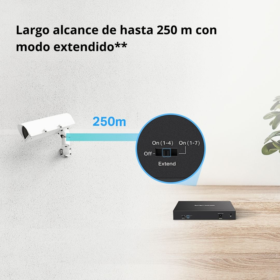 Switch PoE+ Gigabit 8 Puertos Mercusys MS108GP 7 PoE+ 65W para Cámaras IP