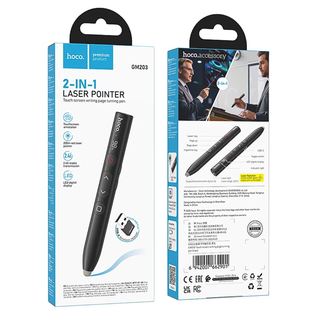 Presentador Inalámbrico Hoco GM203 Touch 2.4G con Láser Rojo Pantalla LED y Punta Táctil