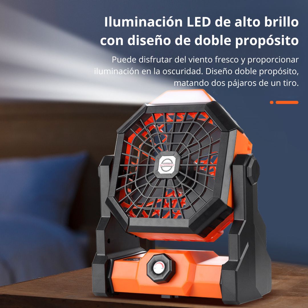 Ventilador Recargable con Luz LED y Gancho para Camping 270°