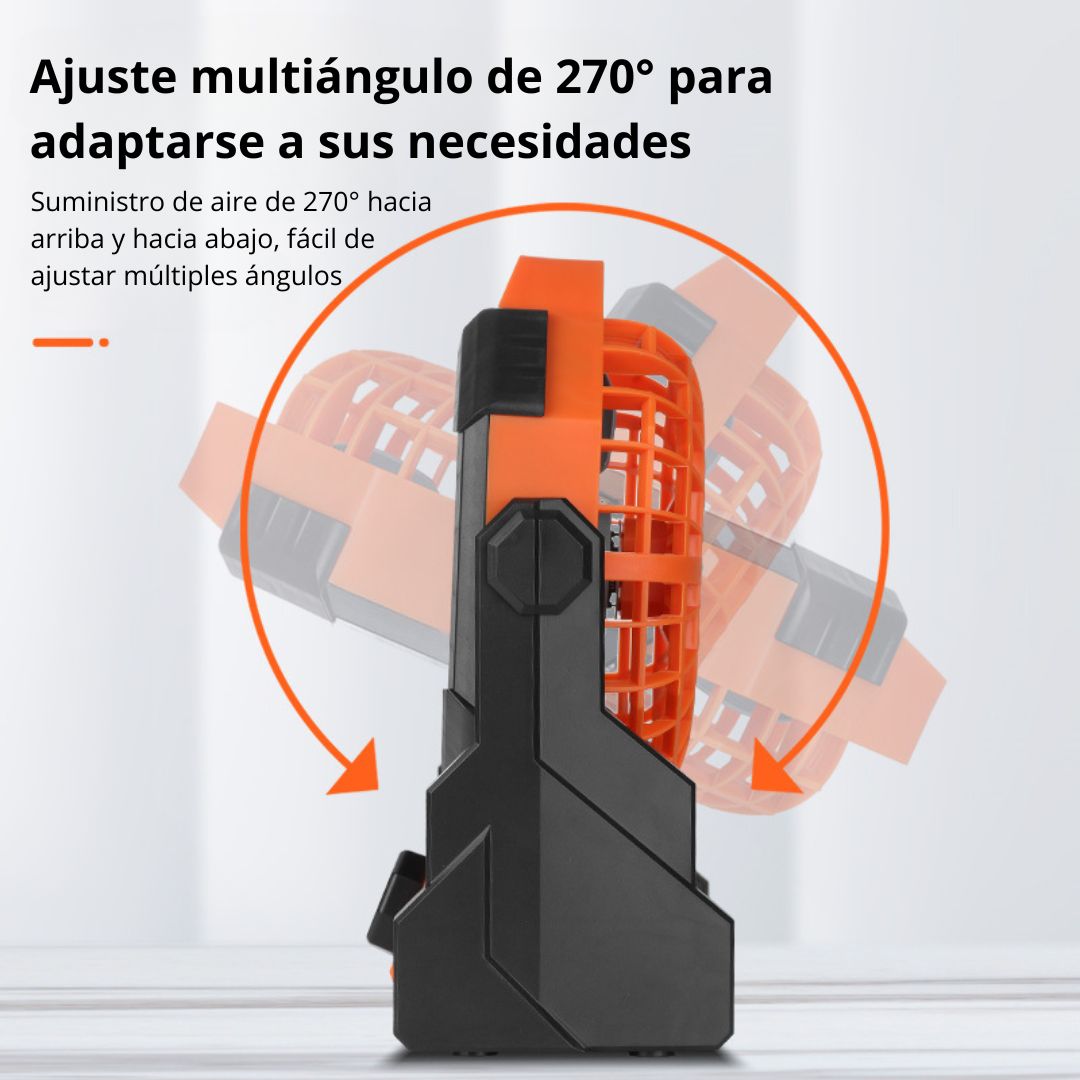 Ventilador Recargable con Luz LED y Gancho para Camping 270°