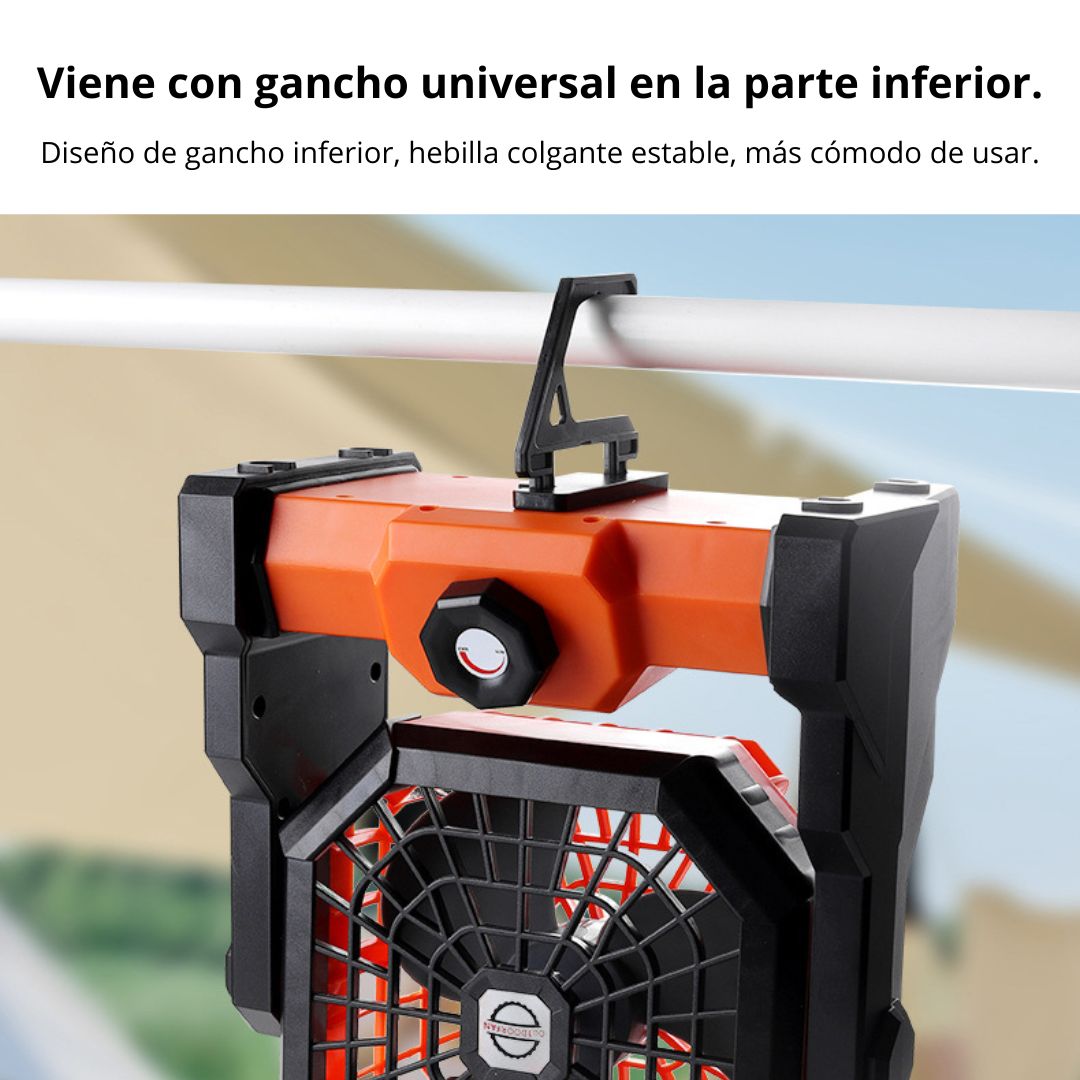 Ventilador Recargable con Luz LED y Gancho para Camping 270°