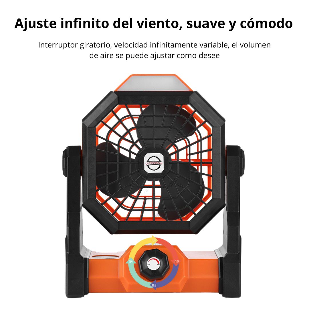 Ventilador Recargable con Luz LED y Gancho para Camping 270°